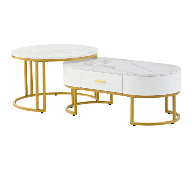 Lot De 2 Tables Basses Gigognes Blanches Avec Tiroir, Ronde Et Ovale, Cadre Doré