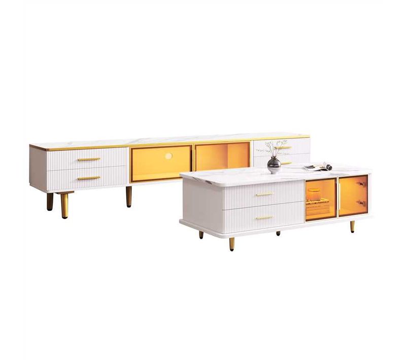 Ensemble De Table Basse Avec Meuble TV, Avec LED, 4 Portes En Verre Trempé, 6 Tiroirs, Blanc