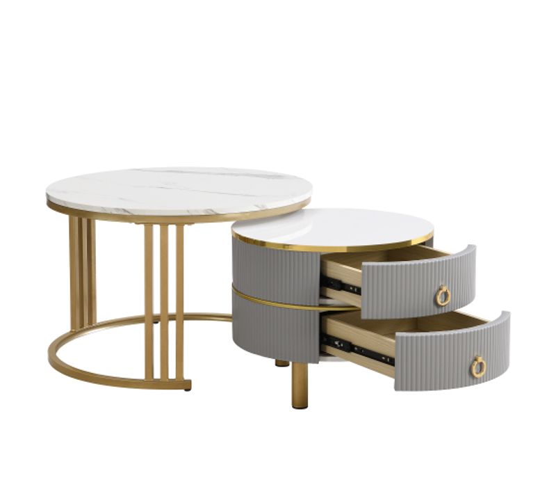 Lot De 2 Tables Basses Gigognes Rondes Grises Avec 2 Tiroirs, En Placage De Marbre, Cadre Doré