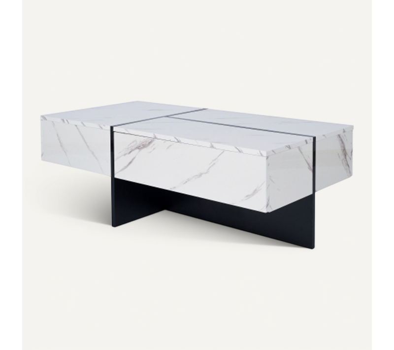 Table Basse Rectangulaire Blanche Avec Éclairage LED, 3 Tiroirs, En Placage De Marbre