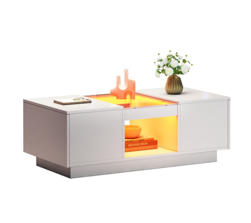 Table Basse Rectangulaire Blanche Avec Panneau En Verre, Éclairage LED Et 2 Tiroirs