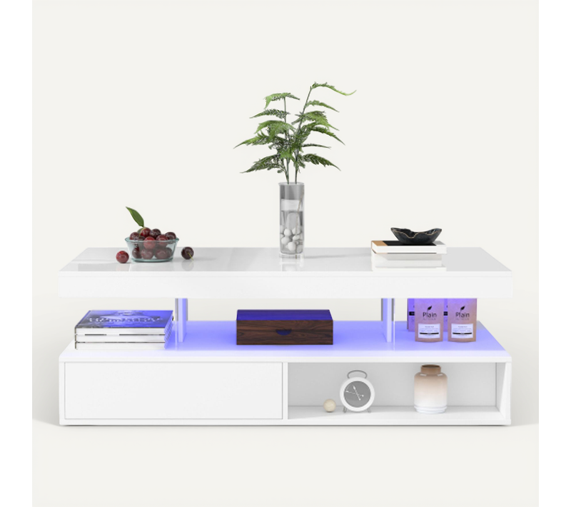 Table Basse Rectangulaire Blanche Avec 4 Plateaux En Verre, 2 Tiroirs Et 2 Compartiments Ouverts