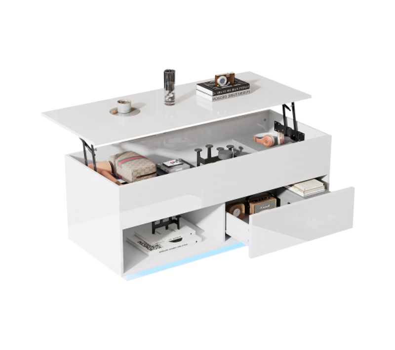 Table Basse Relevable Rectangulaire Blanche Avec Éclairage LED, 1 Tiroir, 2 Espaces De Rangement