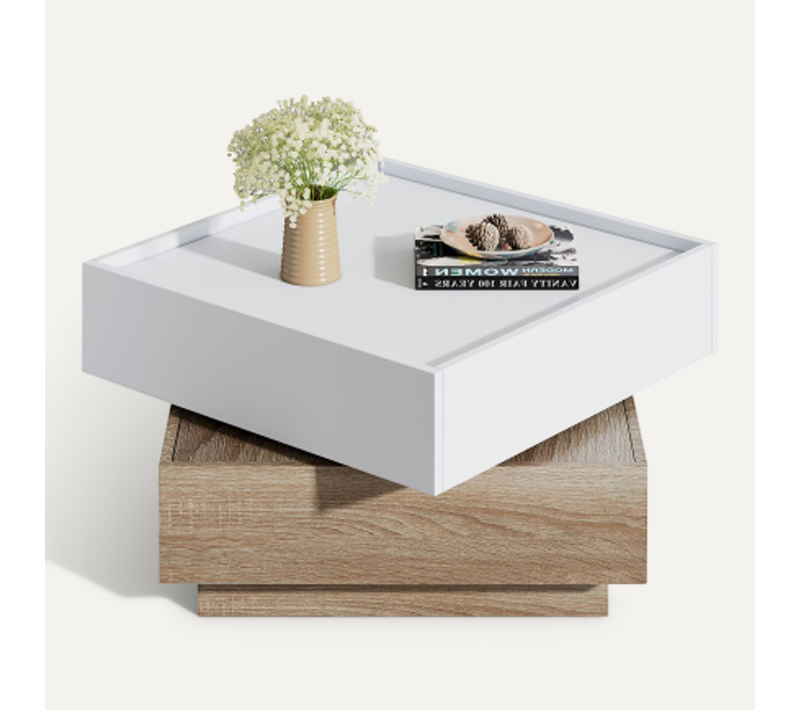 Table Basse Carré Blanche Et Bois Avec Plateau Rotatif à 360° Et 2 Tiroirs, Table Basse Pour Salon