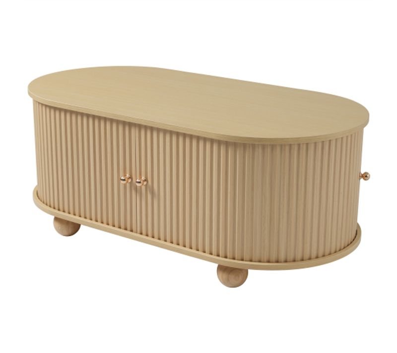 Table Basse Ovale Bois Avec Rangement Et Portes Coulissantes, Pieds Ronds En Boule