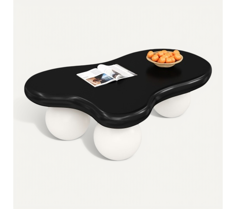 Table Basse En Forme De Nuage Avec Éclairage LED,pieds Ronds Blancs, Plateau Noir