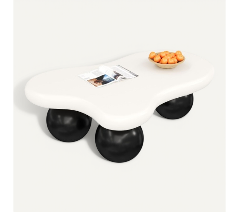 Table Basse En Forme De Nuage Avec Éclairage LED, Pieds Ronds Noirs, Plateau Blanc