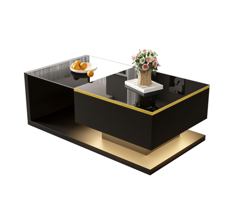 Table Basse De 90 Cm Avec Éclairage LED, Plateau En Verre, 1 Tiroir, Bordure Dorée, Noir