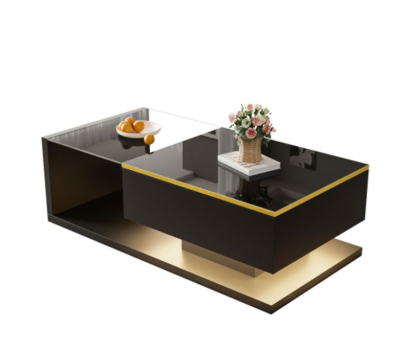 Table Basse De 100 Cm Avec Éclairage LED, Plateau En Verre, 1 Tiroir, Bordure Dorée, Noir