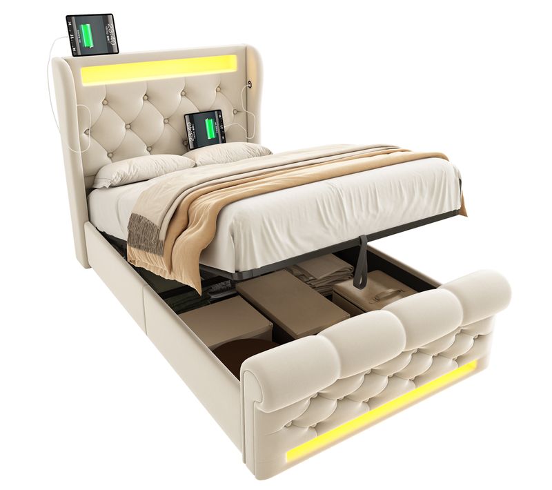 Lit Coffre Simple 90x200cm Avec LED Et Ports De Charge, Velours Beige