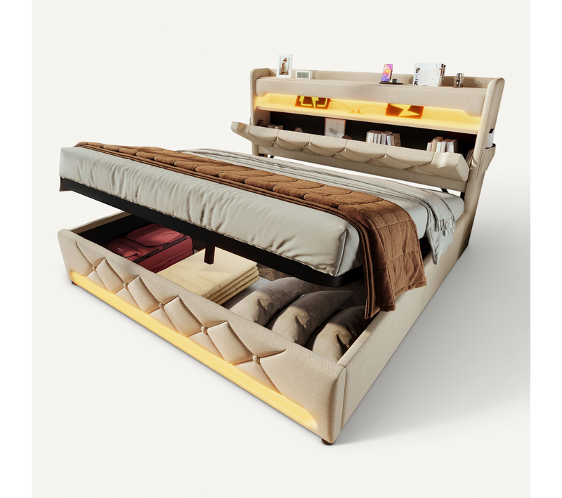 Lit Coffre Double 160x200cm Avec LED, Ports De Charge Et Rangement, Lin Beige