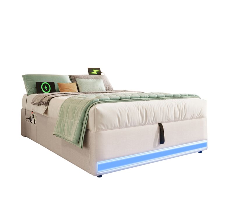 Lit Coffre 90x200cm Avec LED Et Ports De Charge, Sommier Relevable, Lin Beige