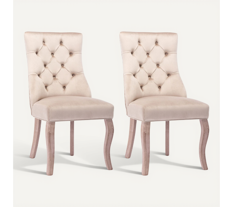 Lot De 2 Chaises De Salle à Manger En Velours, Dossier Haut Avec Boutons, Pieds En Bois, Beige