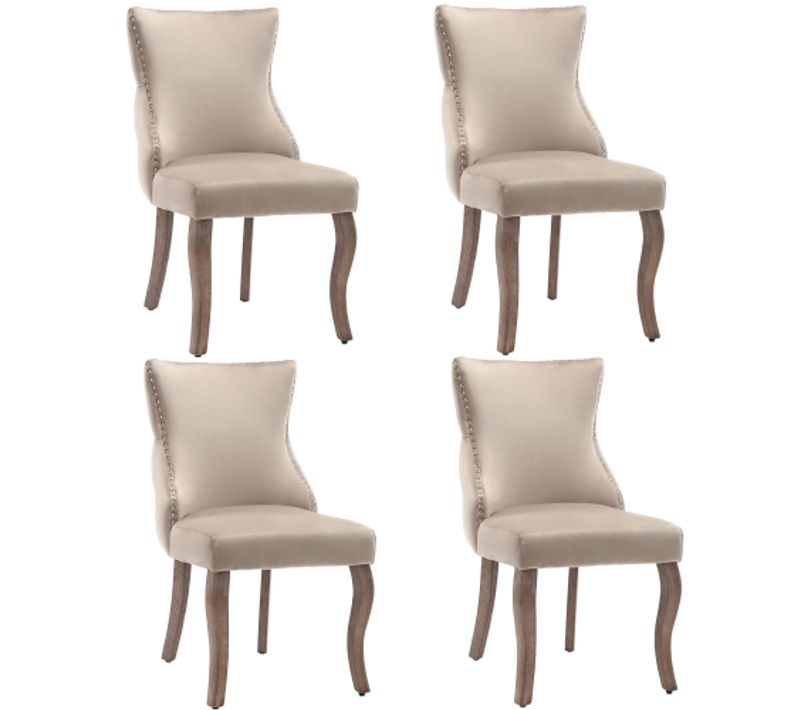 Lot De 4 Chaises De Salle à Manger, Dossiers Avec Boutons Décoratifs, Pieds En Bois, Velours Beige