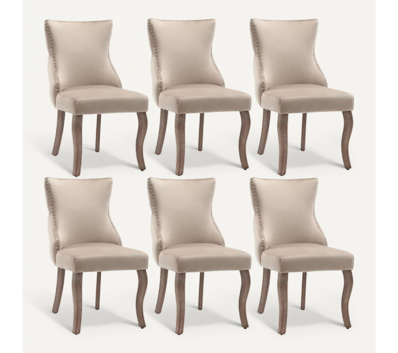 Lot De 6 Chaises De Salle à Manger, Dossiers Avec Boutons Décoratifs, Pieds En Bois, Velours Beige