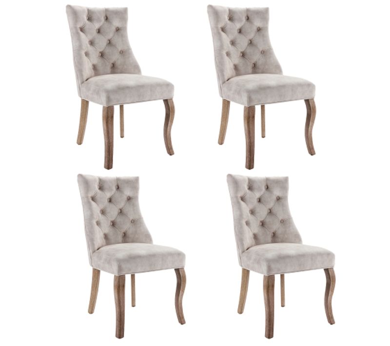 Lot De 4 Chaises De Salle à Manger En Velours, Avec Dossier Capitonné, Pieds En Bois, Beige Clair