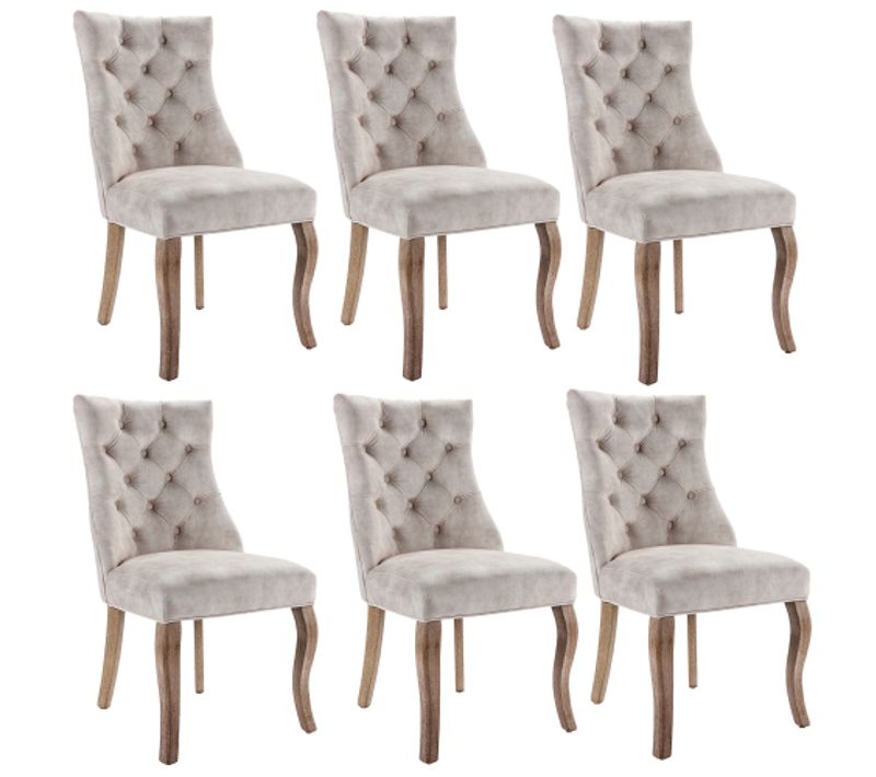 Lot De 6 Chaises De Salle à Manger En Velours, Avec Dossier Capitonné, Pieds En Bois, Beige Clair