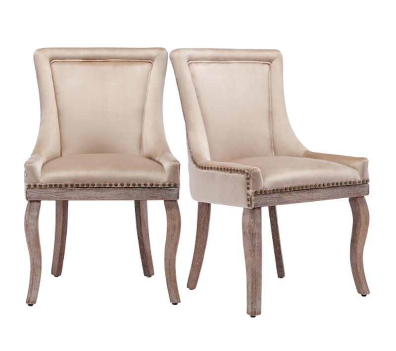 Lot De 2 Chaises De Salle à Manger Avec Garniture Cloutée, Pieds En Bois, Velours Beige