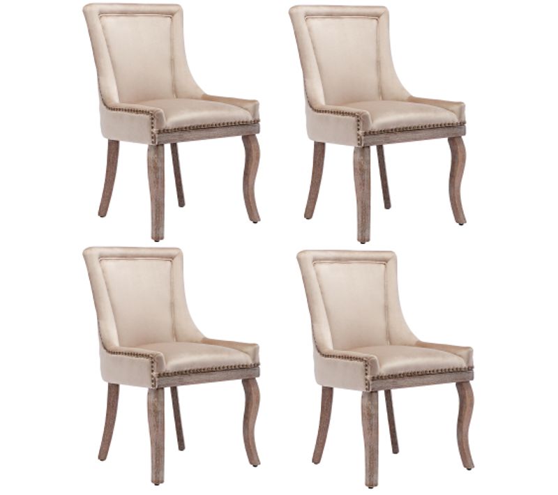 Lot De 4 Chaises De Salle à Manger Avec Garniture Cloutée, Pieds En Bois, Velours Beige
