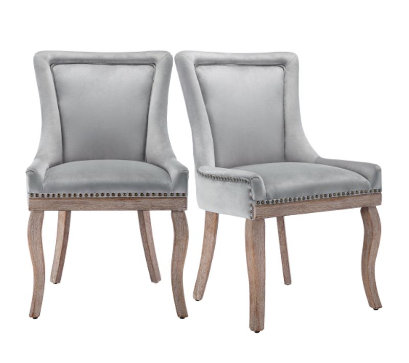 Lot De 2 Chaises En Velours Avec Dossier Rembourré, Garniture Cloutée, Pieds En Bois, Gris