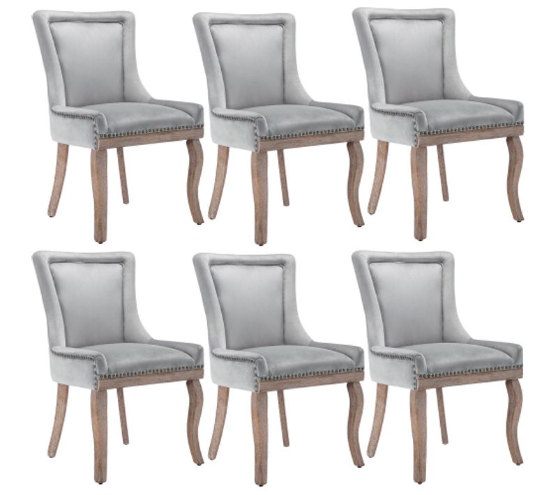 Lot De 6 Chaises En Velours Avec Dossier Rembourré, Garniture Cloutée, Pieds En Bois, Gris