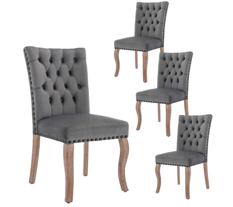 Lot De 4 Chaises De Salle à Manger En Velours Gris, Dossier Avec Anneau Décoratif, Pieds En Bois