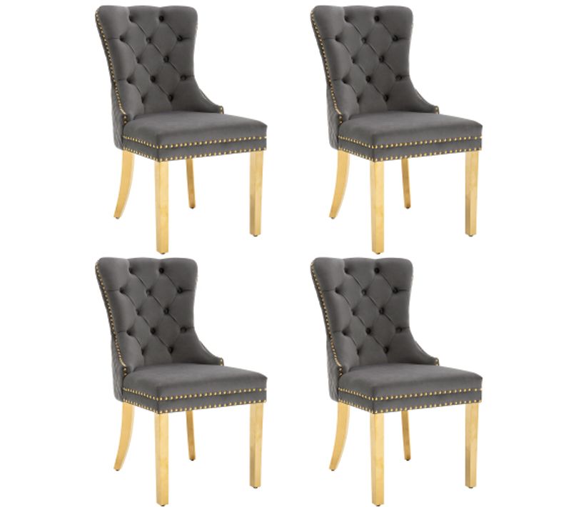 Lot De 4 Chaises De Salle à Manger En Velours Gris, Avec Clous De Tapissier, Pieds En Métal Doré