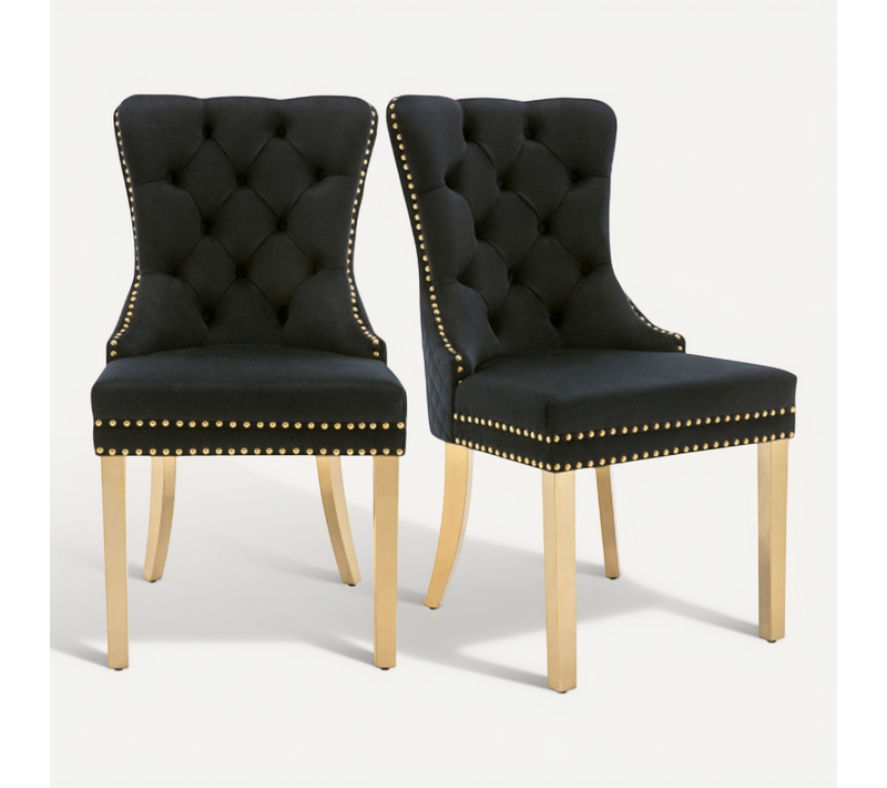 Lot De 2 Chaises De Salle à Manger En Velours Noir Avec Garniture Cloutée Dorée, Pieds En Métal