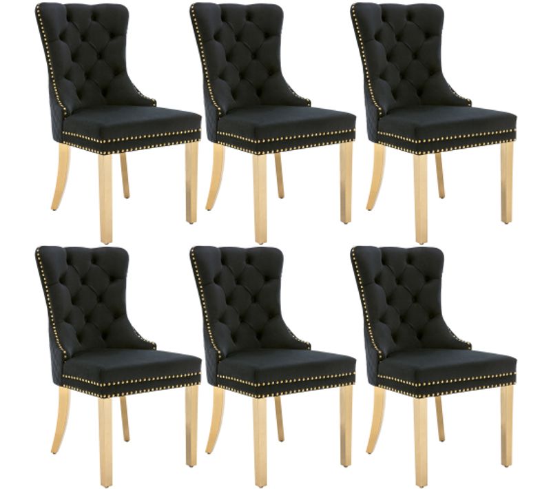 Lot De 6 Chaises De Salle à Manger En Velours Noir Avec Garniture Cloutée Dorée, Pieds En Métal