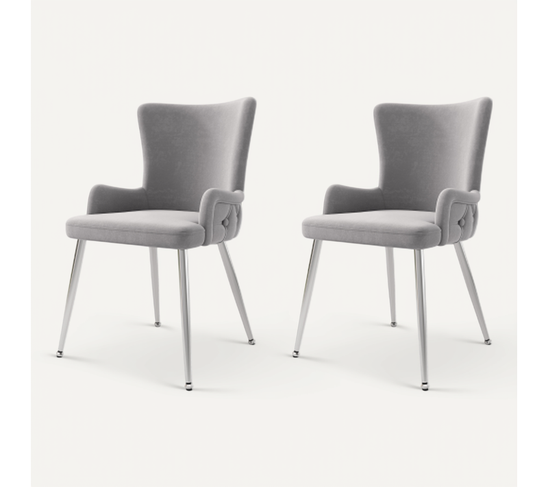 Lot De 2 Chaises De Salle à Manger En Velours Gris Avec Motif à Boutons, Pieds En Métal Argenté