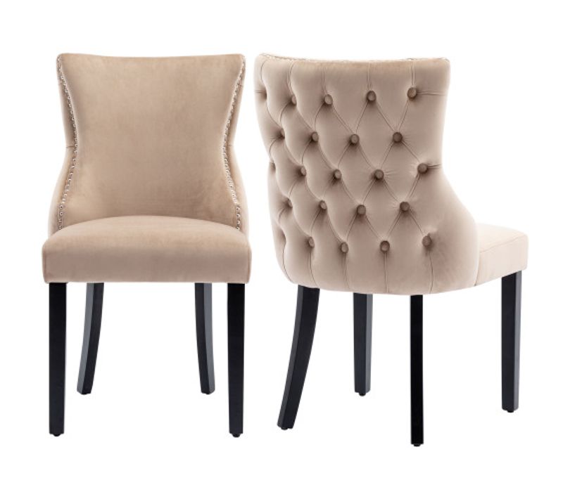 Lot De 2 Chaises De Salle à Manger En Velours Beige Avec Surpiqûres à Boutons, Pieds En Bois