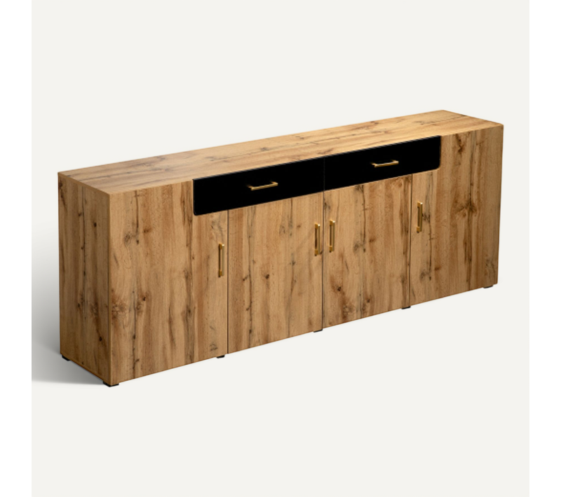 Buffet De Salon Bois Avec 4 Portes, 2 Tiroirs Noirs, Poignées En Métal Doré