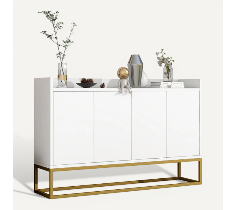 Buffet De Salon Blanc Avec 4 Portes Sans Poignée, Piètement En Métal Doré, Plateau Avec Balustrade