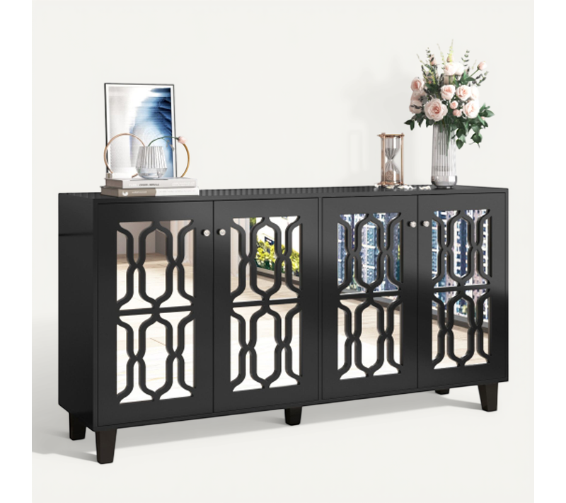 Buffet Miroir Noir Avec Poignées En Cristal, 4 Portes, Étagères Amovibles