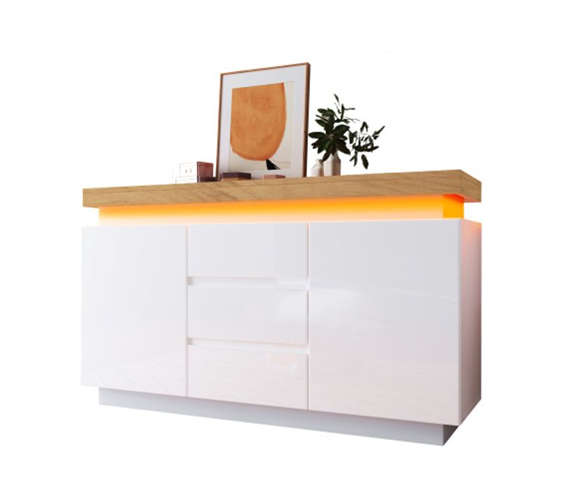 Buffet De Salon Blanc Avec 2 Portes, 3 Tiroirs, Éclairage LED, Plateau De Table En Bois, L 140 Cm