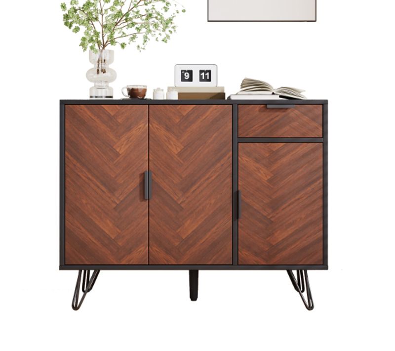 Buffet De Salon Noir Et Bois Avec 3 Portes Et 1 Tiroir, Poignées Et Pieds Noirs