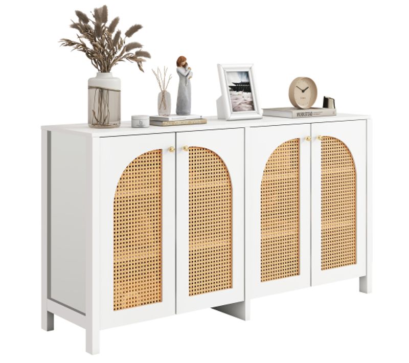 Buffet De Salon Blanc Avec 4 Portes En Rotin Et Poignées En Métal Doré