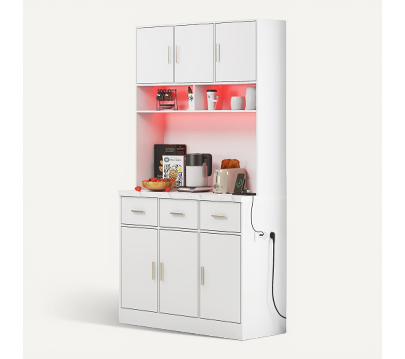 Buffet De Cuisine Blanc, Buffet Haut Avec Éclairage LED, Tiroirs, Portes, Rangements Ouverts