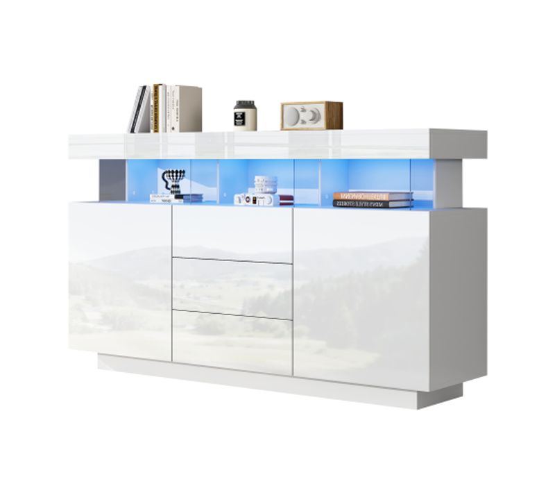 Buffet De Salon Blanc, Buffet Avec Bande Lumineuse LED, 2 Portes Et 3 Tiroirs, 3 Rangement Ouvert