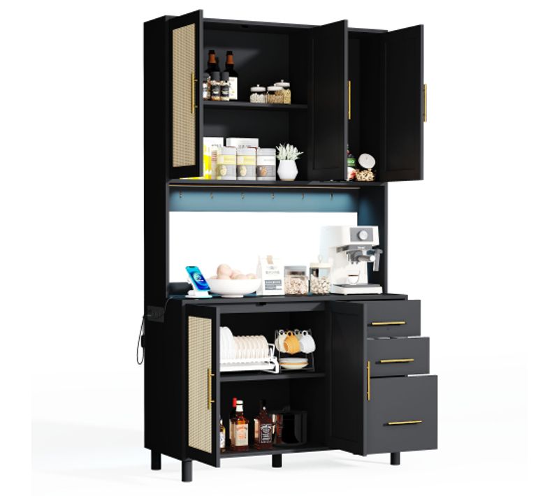 Buffet De Cuisine Noir Avec LED, 2 USB, 2 Prises, 5 Portes En Rotin, 3 Tiroirs, Poignées En Métal