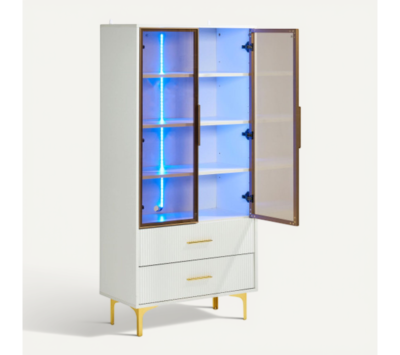 Ensemble De 2 Vitrines Blanches En Verre Avec Éclairage LED Et Étagères Mobiles