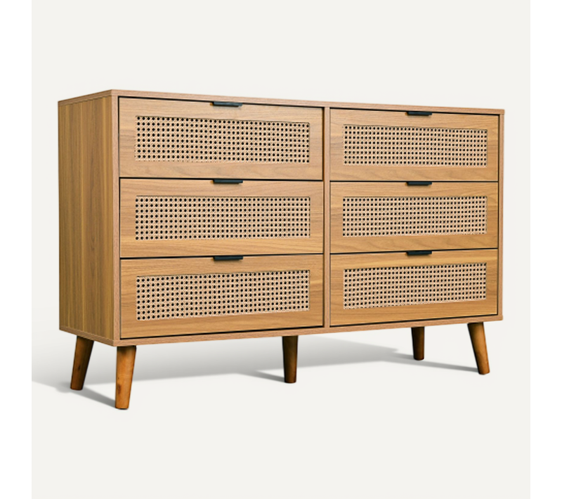 Commode Bois à 6 Tiroirs En Rotin Avec Poignées En Métal