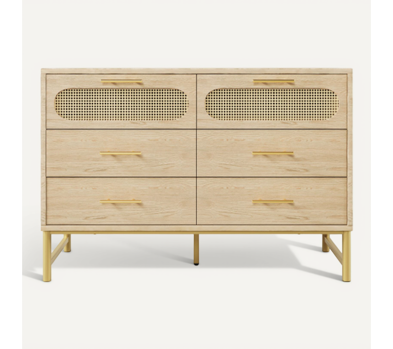 Commode à 6 Tiroirs En Rotin Avec Poignées En Métal, Chêne, 120x40x74 Cm