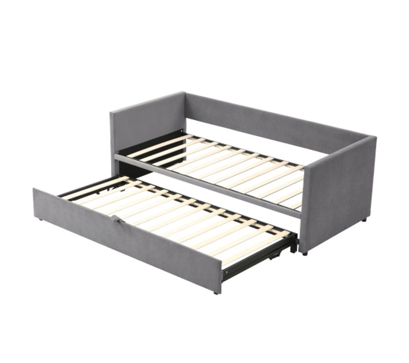 Lit Gigogne 90x200 Cm, Lit Enfant Avec Sommier à Lattes, En Tissu Velours Doux, Gris Clair