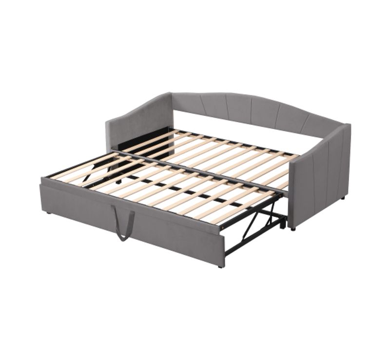 Lit Gigogne 90x200 Cm Avec Sommier à Lattes En Bois, Tissu En Velours Gris