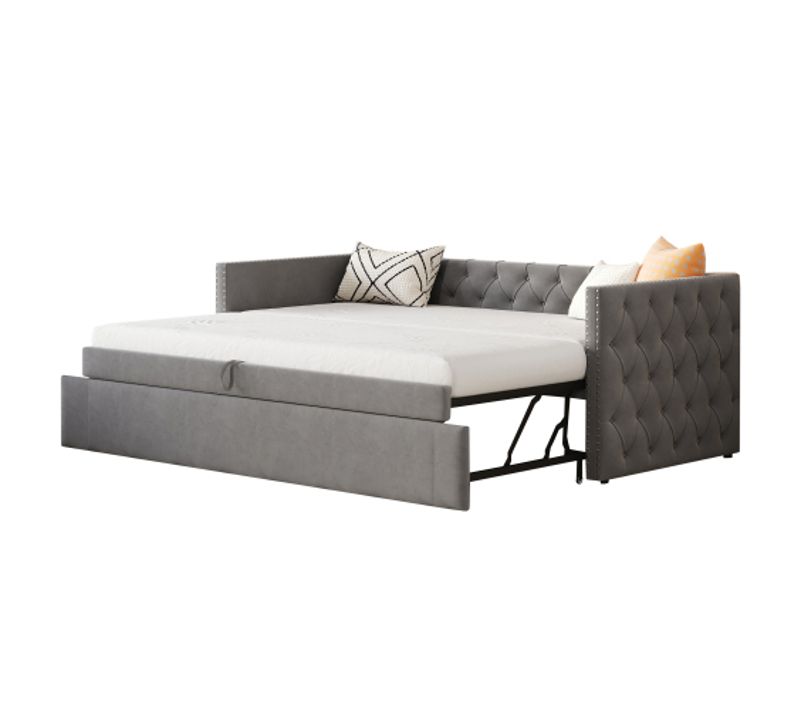 Lit Gigogne 90x200 Cm Avec Boutons, Sommier à Lattes, Tissu Velours, Gris