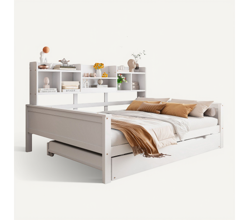Lit Enfant 140x200 Cm En Bois Avec Lit Gigogne 90x190 Cm, Avec Sommier à Lattes, Blanc