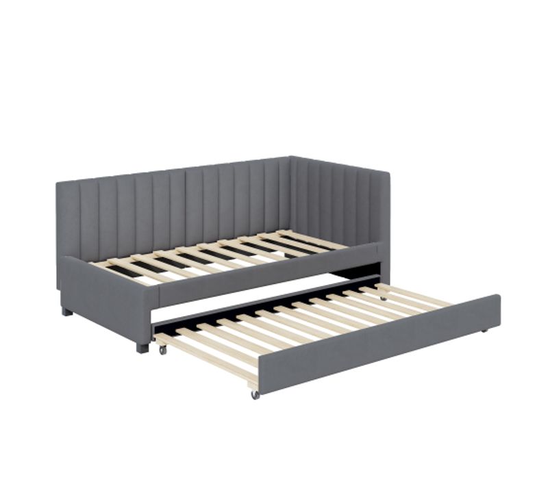 Lit Gigogne 90x200 Cm Avec Sommier à Lattes, Lit Jeune, Lit Enfant, Tissu Velours Gris