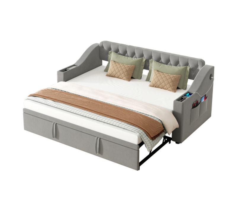 Lit Gigogne 90x190 Cm Avec Port De Charge USB, Poches, Sommier à Lattes, Tissu Velours, Gris