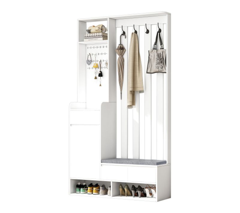 Vestiaire D'entrée Avec Armoire De Rangement, 3 Tiroirs, 4 Crochets, Blanc